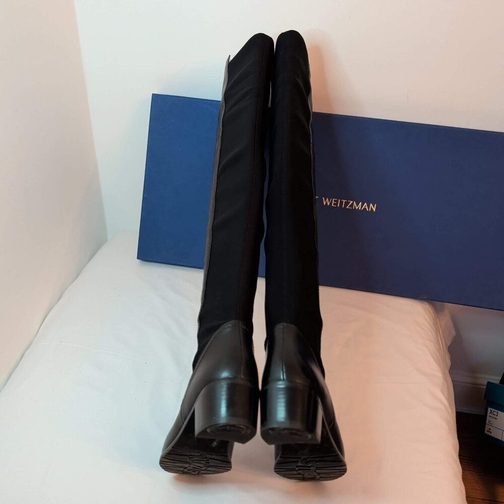 Stuart Weitzman Lynelle Black Leather and Neoprene Over-The-Knee Boots - Picture 5 of 11